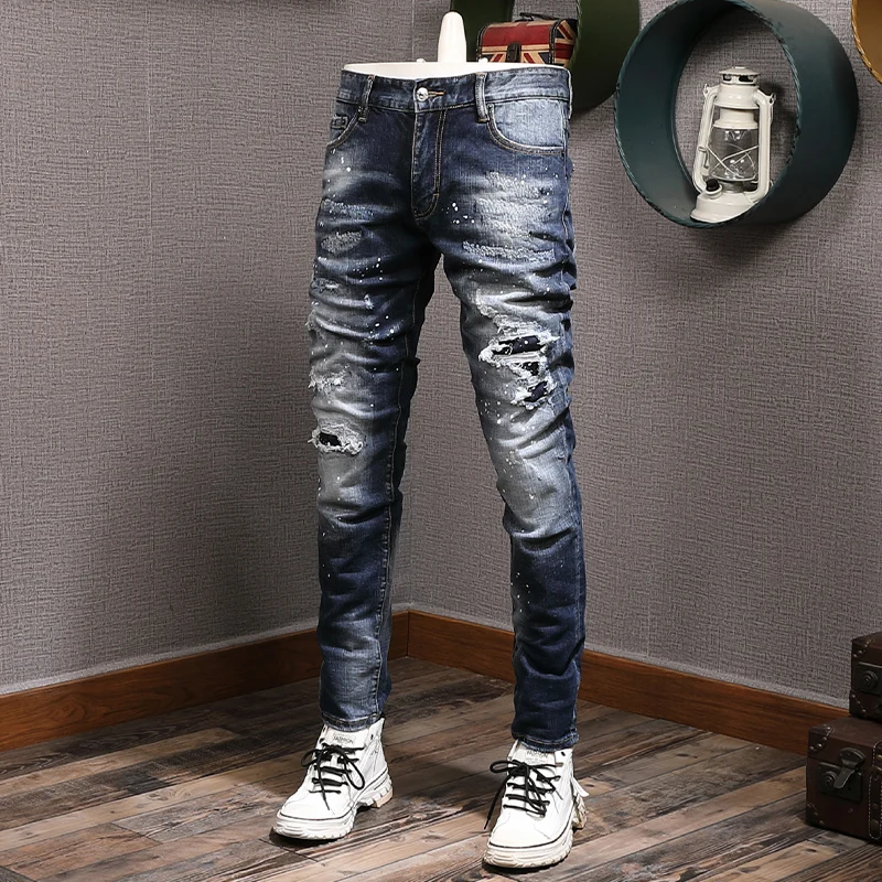 Streetwear Fashion Men Jeans Retro Blue Stretch Slim Fit Ripped Jeans Men Hole Trousers Painted Designer Vintage Pants Hombre