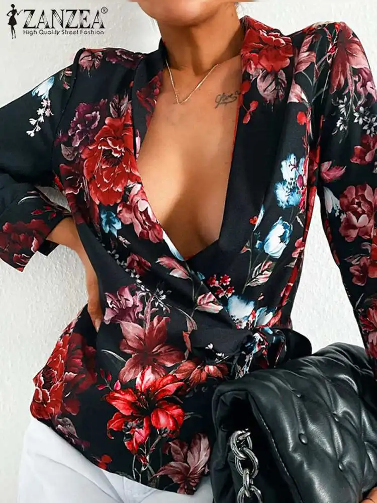 

2022 Fashion Printed Tops Women Elegant Lapel Blouse ZANZEA OL Long Sleeve Blusas Spring Sexy Camisas Oversized Chic Party Shirt