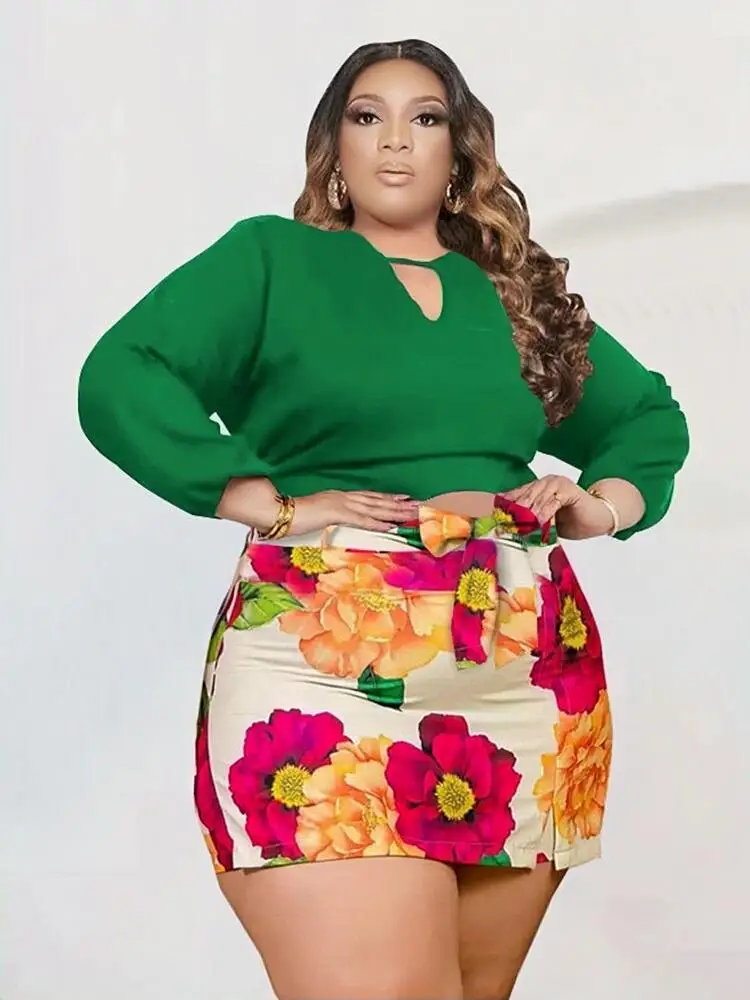 Plus Size Woman Clothing Knit Two Piece Set Long Sleeve Crop Lady Female Casual Sexy Plaid Skirt Set Wholesale Bulk Dropshipping