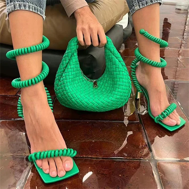 

Wrap Strap Stiletto High Heels Twine Spring Square Toe Sandals Open Toe Slingback Female Pumps Elegant Party Dress Women Shoes