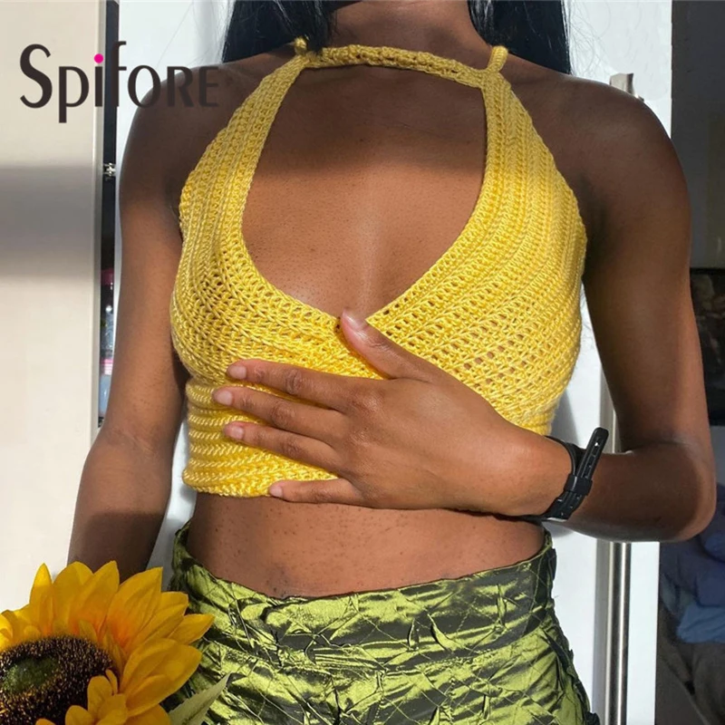 

Вязаный крючком свитер Spifore, укороченный топ с открытой спиной и открытыми плечами, сексуальные майки, бандажный облегающий Летний жилет бе...