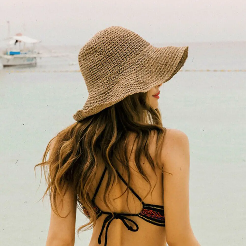 

Boho Style Bow Sun Hat Wide Brim Floppy Summer Hats For Women Solid Beach Panama Straw Dome Bucket Hat Femme Shade Hat