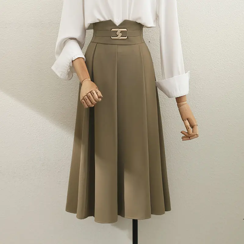 

Mid-length Pleated Skirt Female Summer Spring New High-waisted A-line Suit Korean All-match Commuter Skirt Streetwear D120