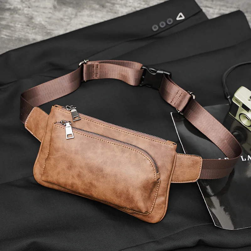 Trendy PU Leather Men's Chest Bag Casual Belt Bag Small Crossbody Bag Mobile Phone Chest Pack Male Korean Style Shoulder Bags