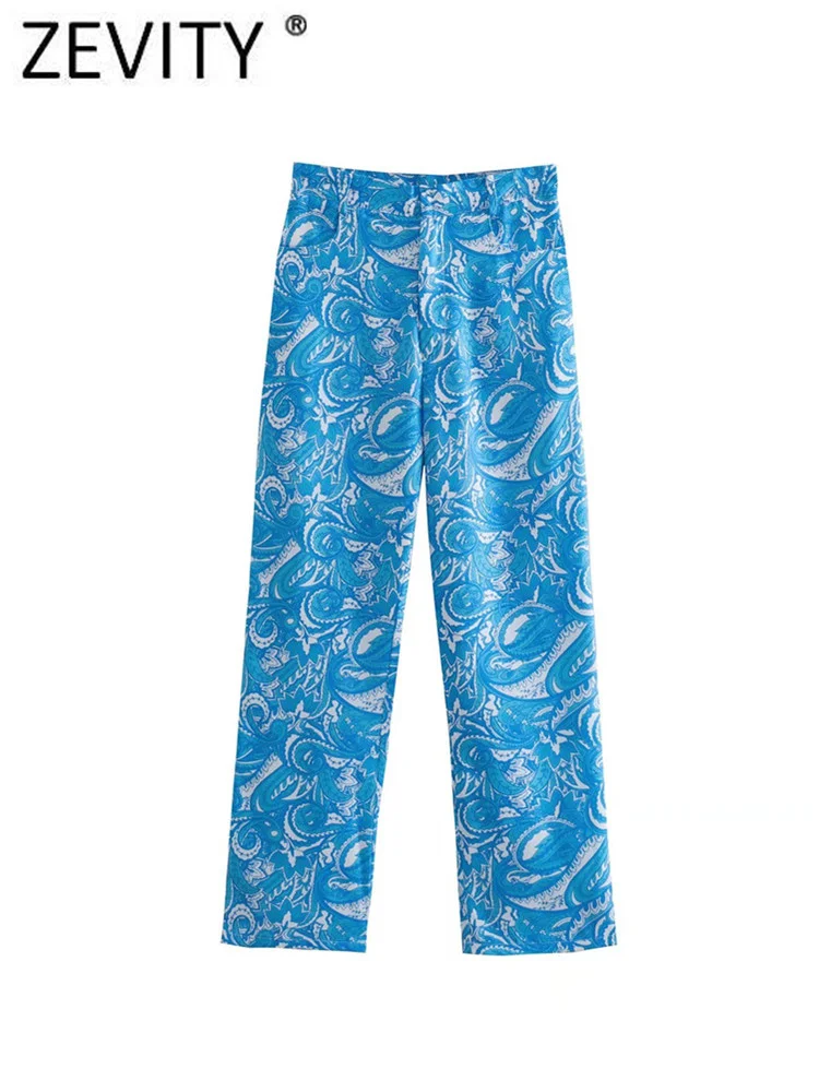 

Zevity Женские винтажные повседневные Прямые брюки с принтом Пейсли листья женские шикарные брюки на молнии до щиколотки Pantalones Mujer P1582