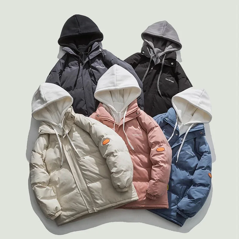 

Winter Thick Warm Hooded Parkas Mens Casual Solid Color Splice Fake 2 Pcs Coats Unisex Streetwear Colorfuls Bubble Puffer Jacket