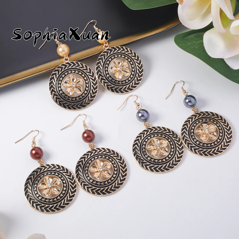 

Sophiaxuan Hawaiian Pearl Women Circle Design Drop Earring Bohemia Hollow Out Flower Luxury Jewelry New Elegant Dangle Earrings