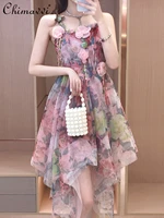 2022 summer fashion sweet elegant fairy 3d flower stringy selvedge dress high waist slim irregular mesh strap dress for women
