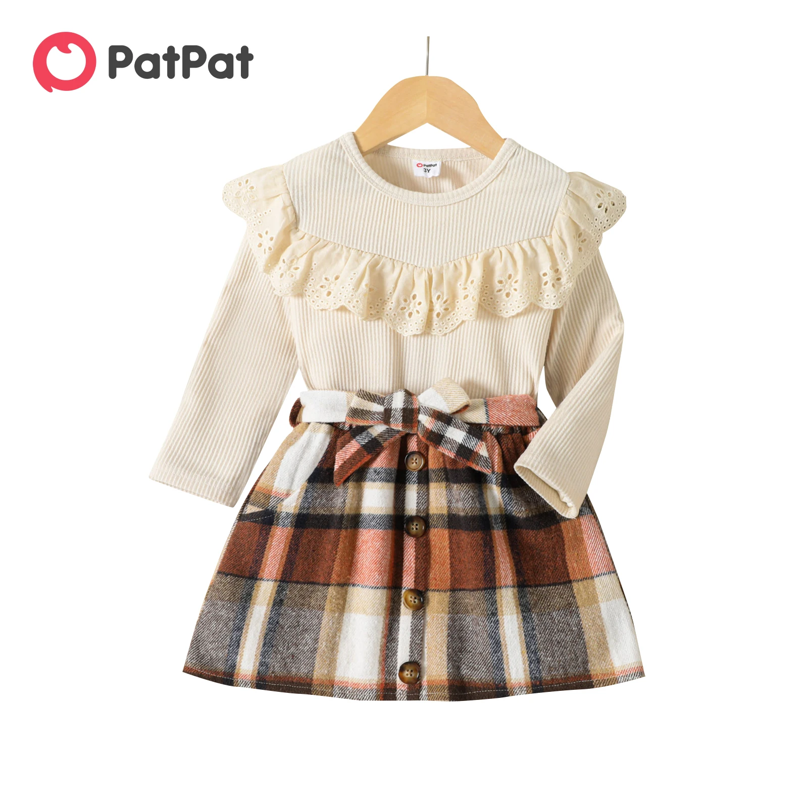 

PatPat 2pcs Toddler Girl Ruffled Long-sleeve Tee and Button Design Plaid Belted Skirt Set