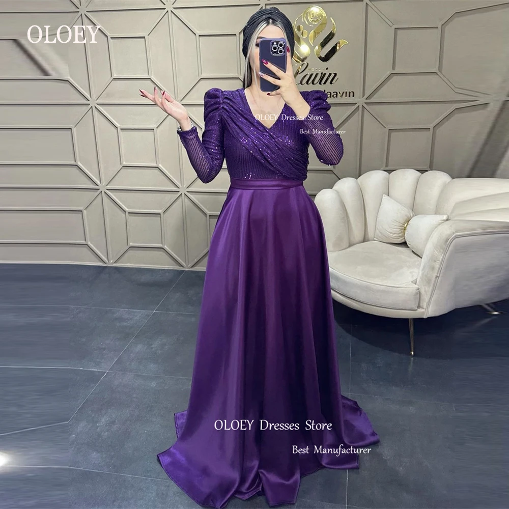 

OLOEY, сдержанные блестящие вечерние платья фиолетового/зеленого/синего цвета, Дубайский арабский женский Шелковый Атласный наряд с длинным рукавом и V-образным вырезом для выпускного вечера