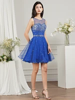 junior tulle homecoming dress 2022 fashion royal blue halter o neck beading sleeveless a line short prom dress for women party