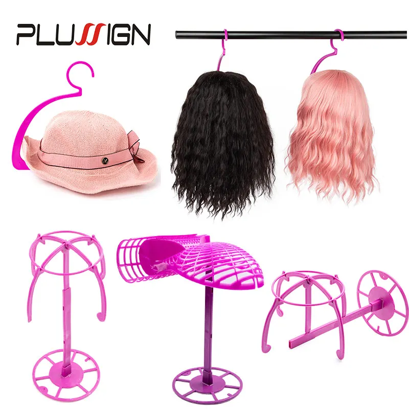 Plussign Faster Shipping 5Pcs Plastic Wig Stand Wig Hanger Stand Premium Pink Portable Collapsible Wig Holder For Multiple Wigs