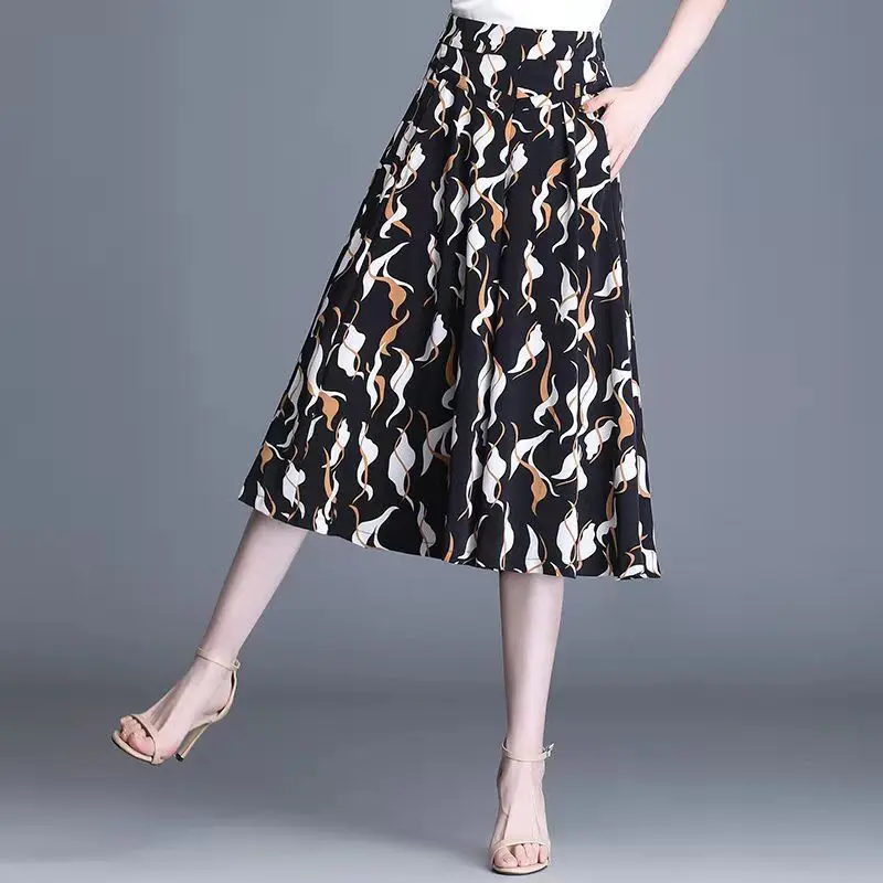 

Women 2022 Summer Fashion Printed Wide-leg Pants Female Loose Casual Skirt Pants Ladies High Waist Thin Printed Trousers Q03