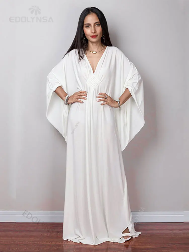 

2023 Solid V-neck Batwing Sleeve Plus Size Loose Maxi Dress For Women Summer Beach Wear Kaftan Long Bathing Suit Cover Up Q1306