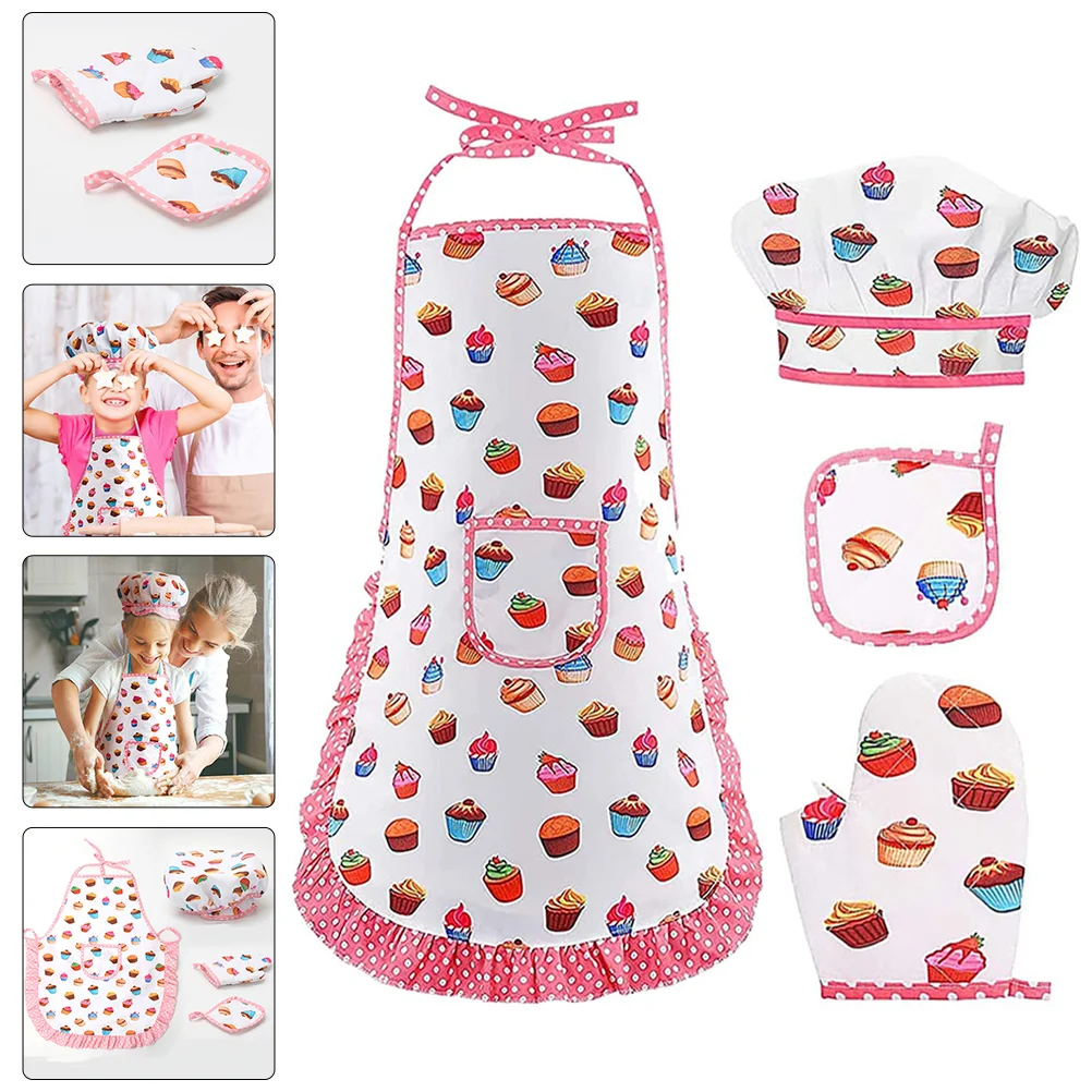 

1 Set Kids Cooking Costume Kitchen Apron Glove Hat Role Playing Cooking Apron