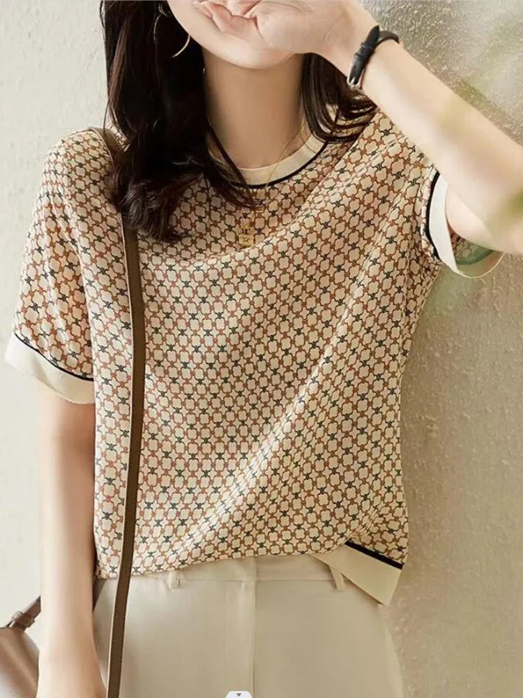 

Женская шифоновая рубашка, тонкая Свободная блузка из искусственного шелка с коротким рукавом и принтом, лето 2023