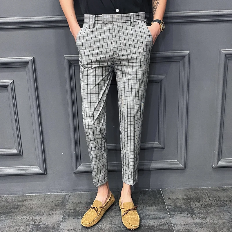 

2024 New Slim Thin Section Lattice Small Feet Nine-point Suit Pants Men's Summer Youth Korean Fashion Business Casual Trousers