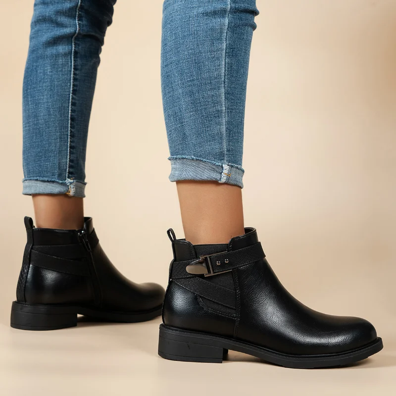 Black Ankle Boots 2022 Thick Heels Leather Women Winter Boots Fashion Casual Chelsea Boots Female Plus Size Women Platform Boots