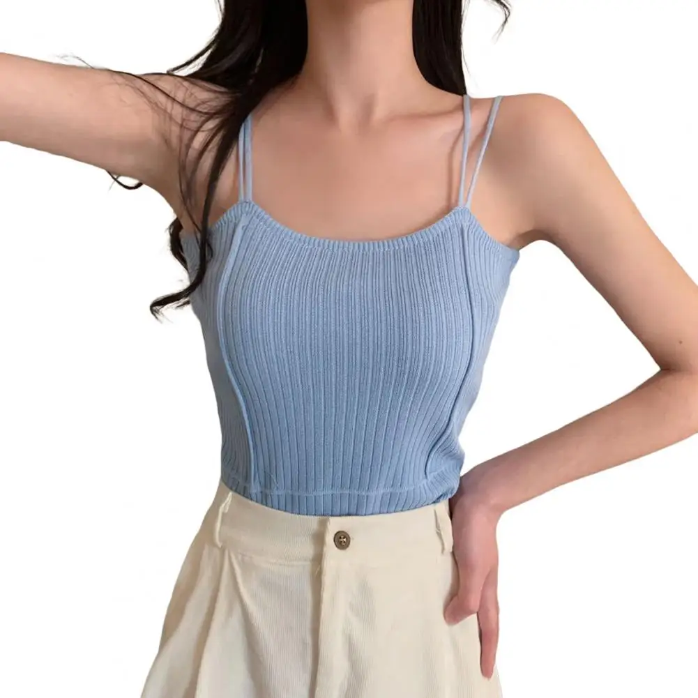 

Low Collar Sleeveless Ribbed Knitted Vest Solid Color Double Sling Women Sexy Camisole Club Wear