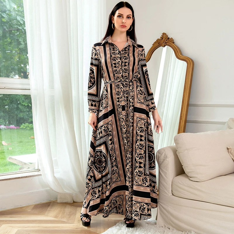 Women's Muslim Abaya Dubai Dress 2022 Printed Long Sleeve Maxi Islamic Moroccan Arabic Turkey New Jalabiya Dresses For Eid Robe
