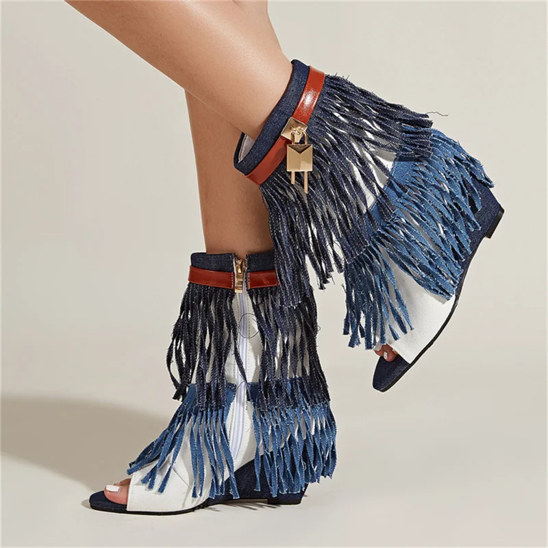 Women Boots Trend 2023 Spring Summer Fashion Tassels Fish Mouth Shoes Wedges Metal Lock Breathable Cool Denim Boots For Women