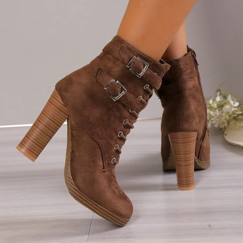 

2023 Autumn and Winter New Round Head Short Boots Women's Front Lace-up Thick Heels Women's Fashion Boots Retro Shoes