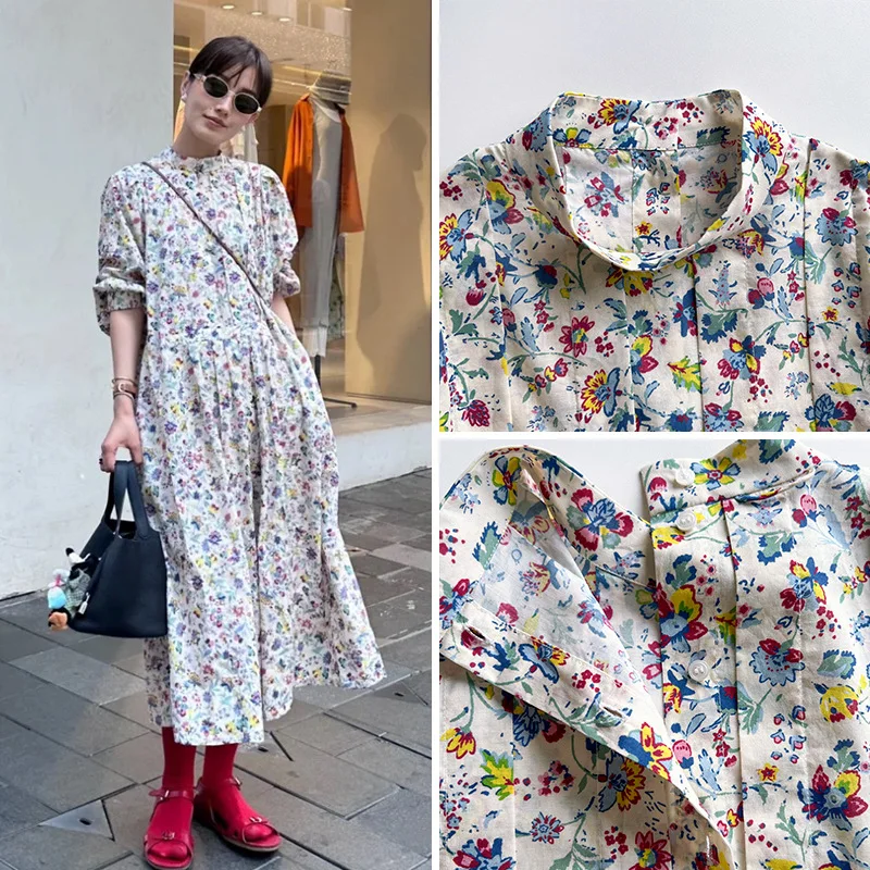 Autumn 2023 Women Half Turtleneck Robes Back Single Breasted Colorful Floral Print Prairie Chic Pleated Loose Female Midi Dress