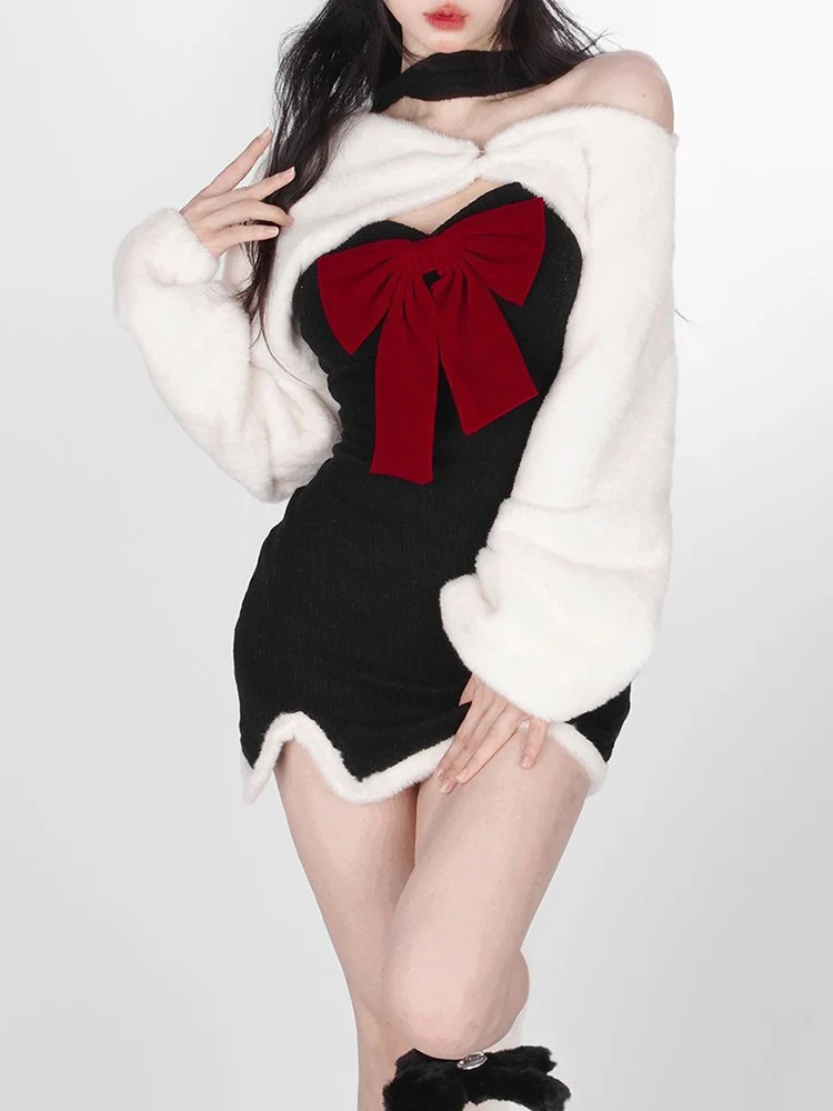 

HOUZHOU Christmas Dress Women Two Piece Outfits 2022 Winter Sexy Party Bow Patchwork Strapless Dress Lace Up Crop Top Cute Suit
