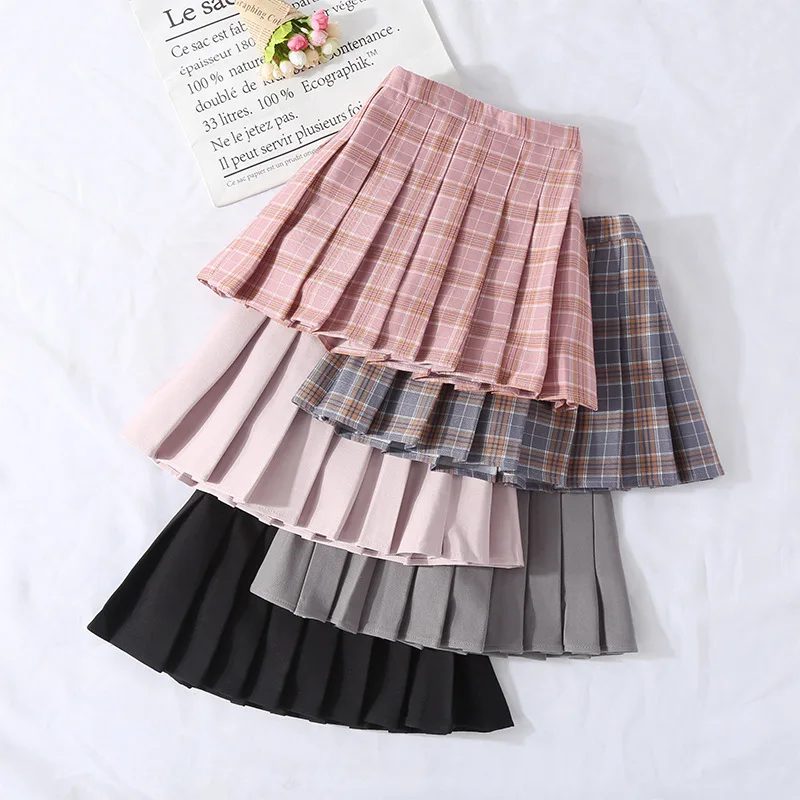 

2020 New Kids College Style Girls Pleated Skirt A-line All-match Plaid Solid Skirt With White Shirt Children's Clothing Simple
