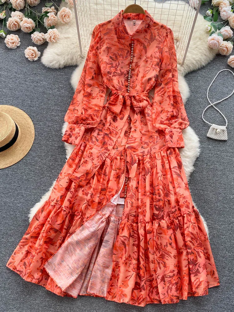 

2022 New Spring and Autumn Royal Sister Style Lace-up Waist Dress Women Show Thin Temperament Large Swing Vestidos Women Y021