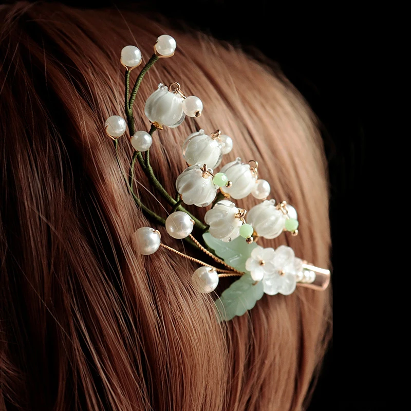 

Glazed Ancient Style Headdress Lily Orchid Flower Pearl Hairpin Daily Hairpin Ebony Hairpin Side Clip Hanfu Cheongsam Hair Stick