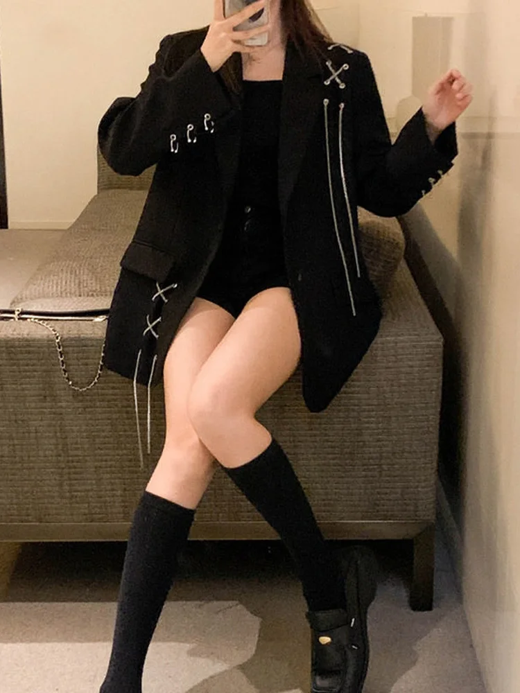 

Harajuku Women Jackets Black Gothic Punk Hip Hop Solid Vintage Blazer Coats Women Chic Chain Loose Jacket Streetwear