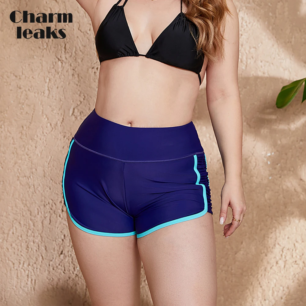 

Charmleaks Women Plus Size Swimming Trunks Mid-Waist Boxer Shorts Solid Skinny Tankini Bottom