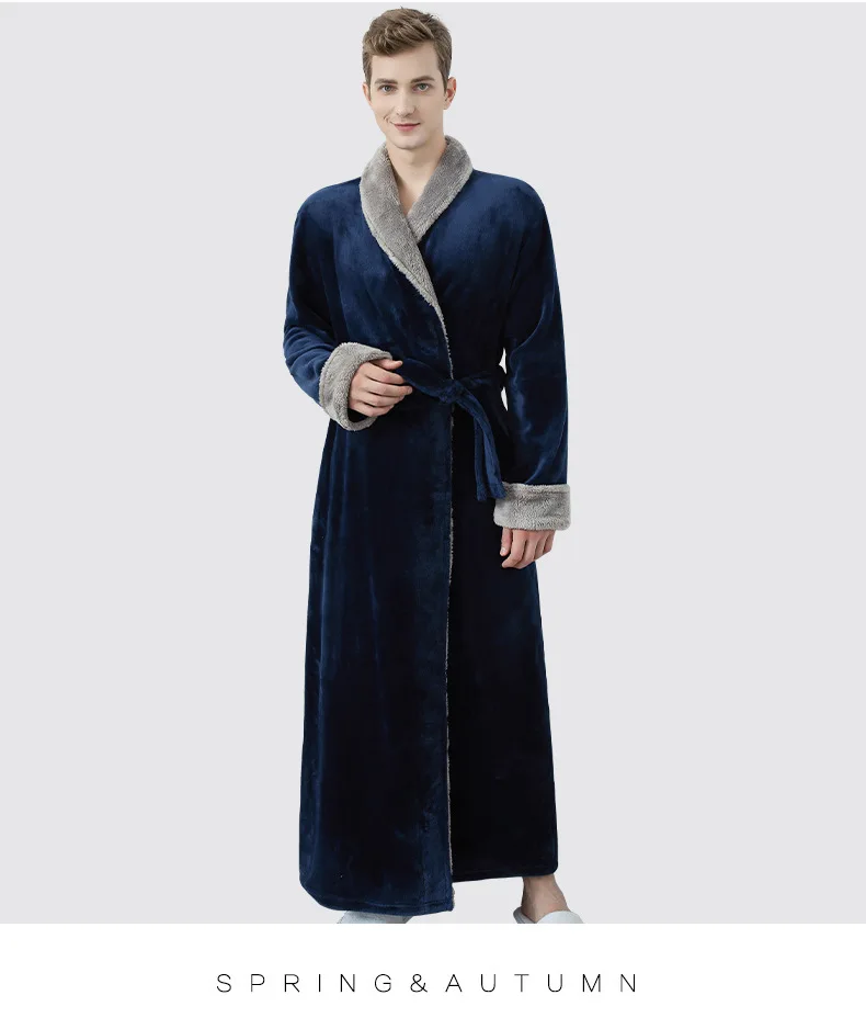 Autumn Winter Long Couple's Dressing Gown Warm Flannel Bath Belt Robes Night Sleepwear Women Men Kimono Turn Down Collar