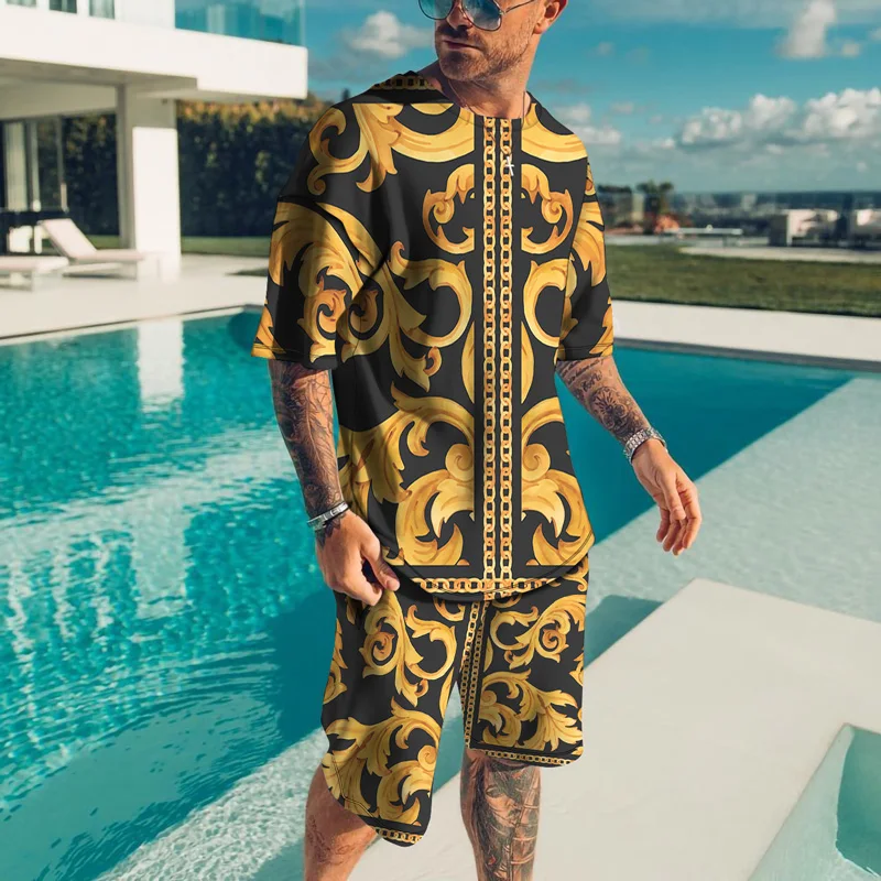 

Stitching color 3D Print Summer Men's T-Shirt Set Oversized Cloth Comfortable and Cool Men Tracksuit T-shirt Shorts outfits Sets