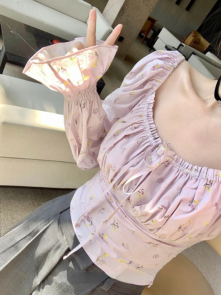 

Кроп-топ Y2k женский с длинным рукавом, милая пляжная блузка с цветочным принтом, повседневный элегантный Модный пуловер в Корейском стиле, шикарный дизайнерский, весна 2023