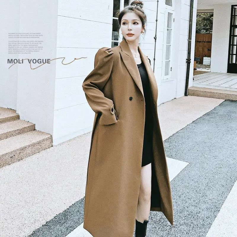 

SuperAen 2022 Woolen Coat Women's Autumn Long Korean Loose Woolen Trench Coat with Belt