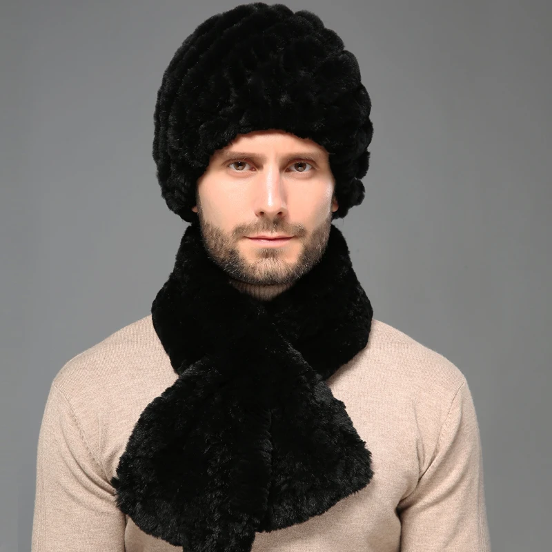 Men's Real Rex Rabbit Fur Hat Scarf Sets Winter Warm Beanie Cap Headwear Neckerchief Black Grey