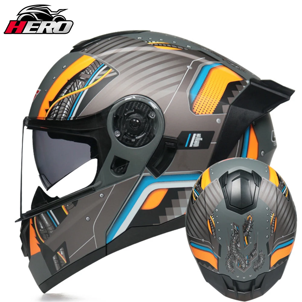 LVS Motorcycle Motocross Helmet Safety Bike Downhill Motocross Helmet Full-face Flip-up Double-lens Helmet Internal Sun Visor