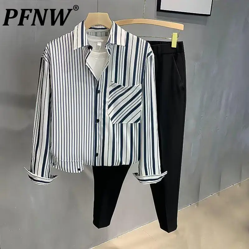 

PFNW Spring Autumn Men's Striped Contrast Workwear Shirts Long Sleeve Tide Niche Design Turn-down Collar Versatile Tops 12A7580