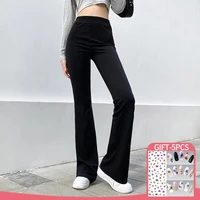 vintge women fashion elastic waist black flared pants solid color high waist wide leg trousers casual korean streetwear pants