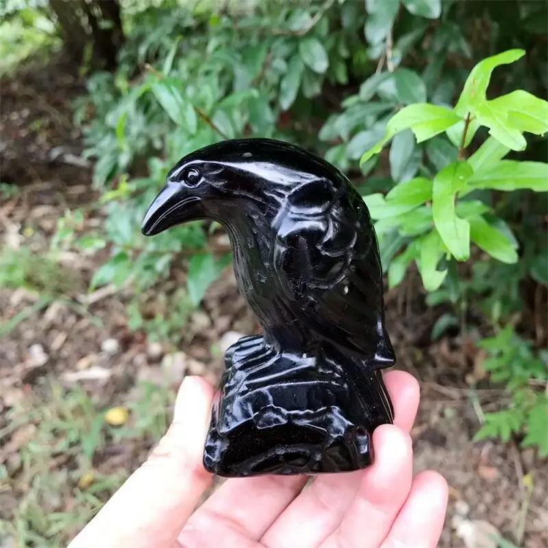 

Natural Black Obsidian Crystal Stone Crow Hand Carved Animal Figurine Energy Crafts Home Decoration As Gift 1pcs