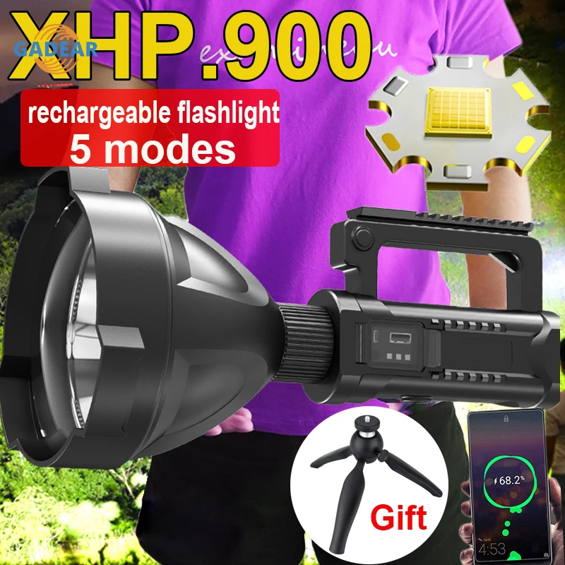 

High Power LED Flashlight Powerful XHP90 Torch Waterproof Fishing Lantern USB Rechargeable Spotlight Searchlight Power Bank Lamp