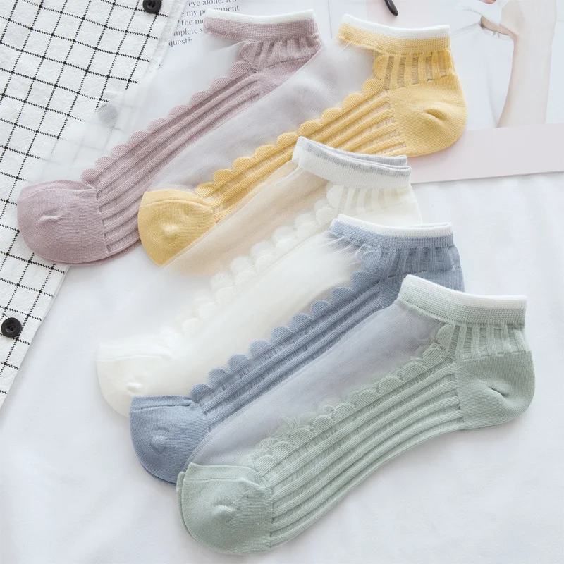 

5 Pairs Summer Thin Wave Kanekalon Transparent Socks Women's Shallow Mouth Spun Glass Crystal Socks Cotton Base Socks