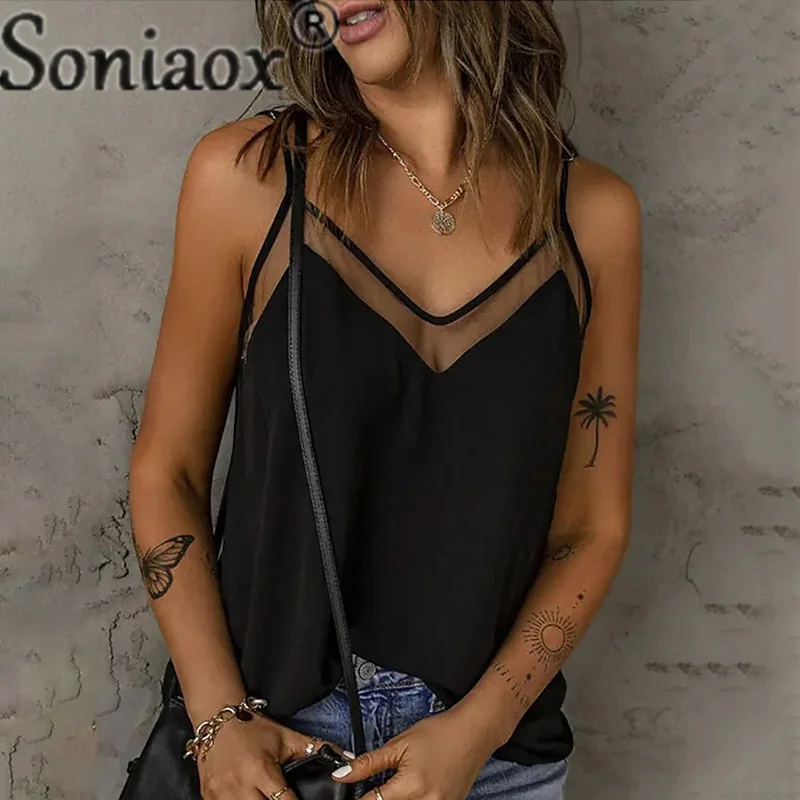 

Sexy Mesh See-through Thin Straps Vest Female 2023 Summer V Neck Pullover Sleeveless Backless Tops Women's Tees Trend Streetwear
