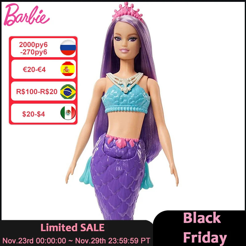 

Original Barbie Dreamtopia Mermaid Doll Mystery Princess Dressup Purple Color Hair Fish Tail Tiara Kids Toys for Girls Gift Play