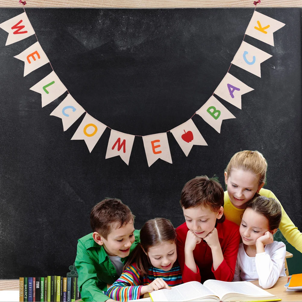 

Banner Welcome School Juterustic Couplet Decoration Home Bunting Hanging Burlap Housewarming Garland Sign Bunitng Decorative