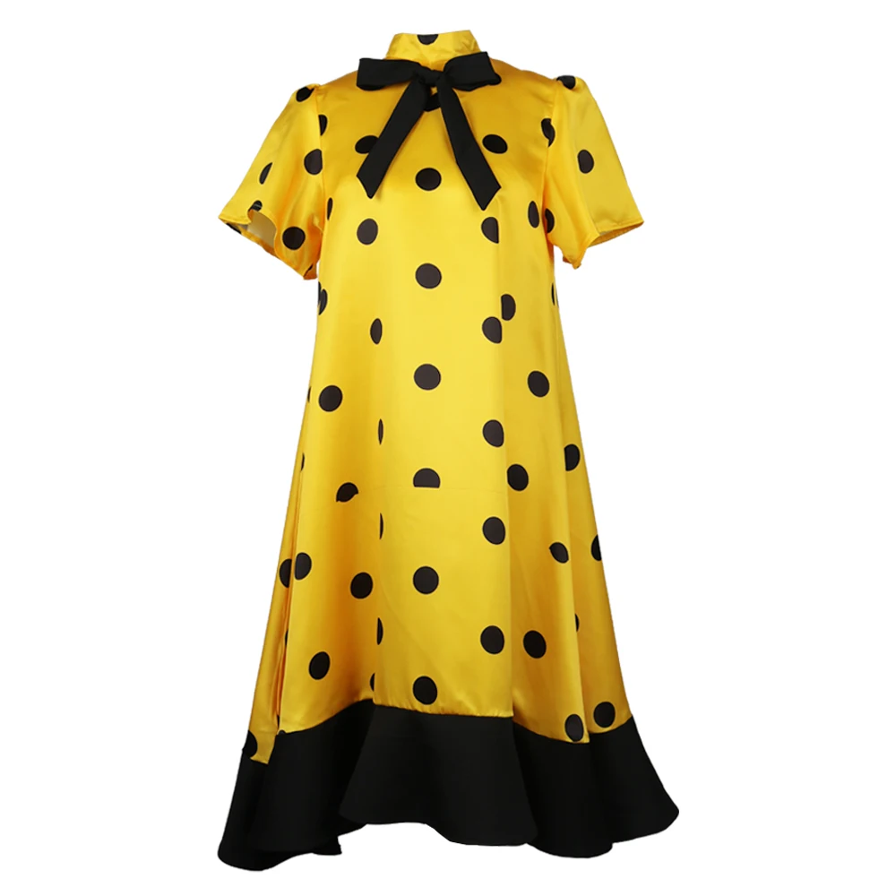 

Summer Casual Midi Dresses Women Fashion Yellow Polka Dot Kawaii Patchwork Bow Tie Stand Neck Women Flared Sleeves Party Robes