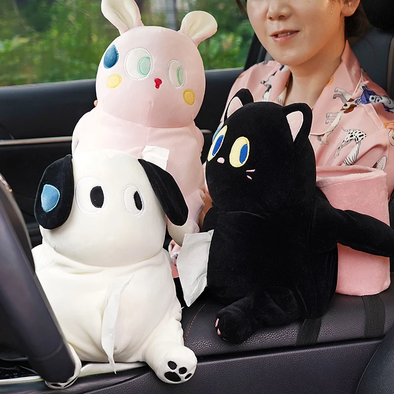 

Creative Cartoon Cat Rabbit Dog Car Trash Can Plush Toy Cute Stuffed Animals Plushies Doll Kawaii Soft Car Tissue Storage Box