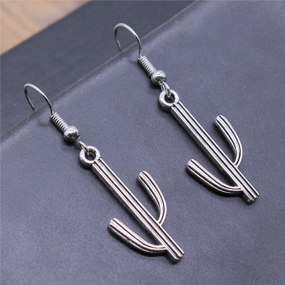 

Модные серьги ручной работы в простом дизайне антикварного серебряного цвета С КАКТУСОМ, женские Винтажные висячие серьги